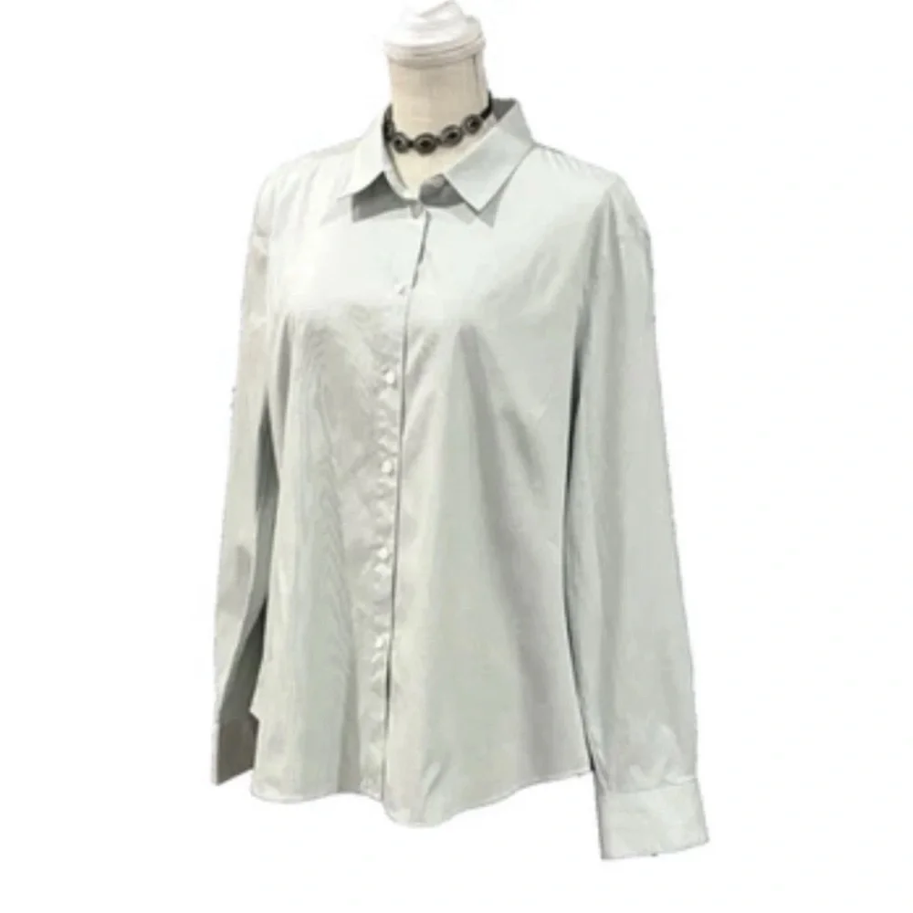 LAFAYETTE 148 NY BUTTON DOWN SHIRT PINSTRIPE MINT WHITE COTTON BLEND 16 $598 - Picture 4 of 11